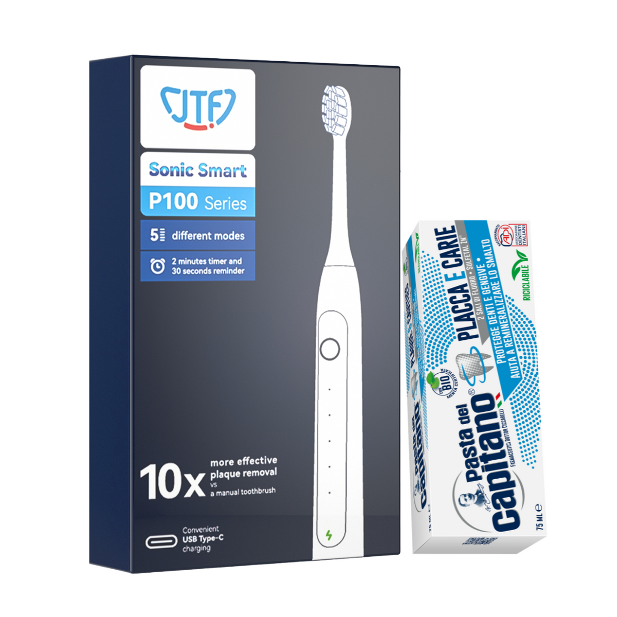 Periuta de dinti electrica JTF Sonic P100 Negru + Pasta de dinti impotriva placii si cariilor Del Capitano 75ml- Pachet Promo