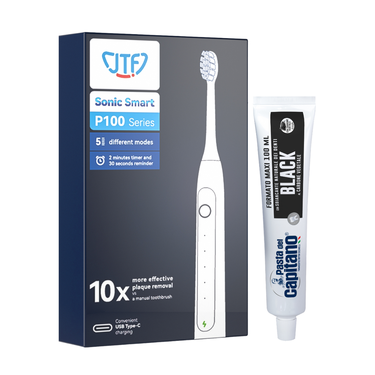 Periuta de dinti electrica JTF Sonic P100 ALB+ Pasta de dinti cu carbune activ Del Capitano 100ml- Pachet Promo