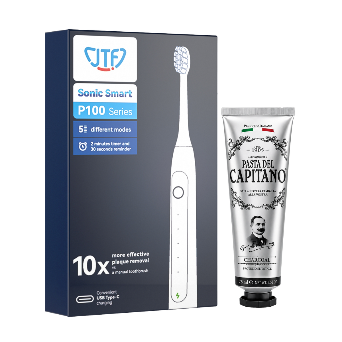 Periuta de dinti electrica JTF Sonic P100 Negru + Pasta de dinti cu carbune activ 75ml Del Capitano 1905- Pachet Promo