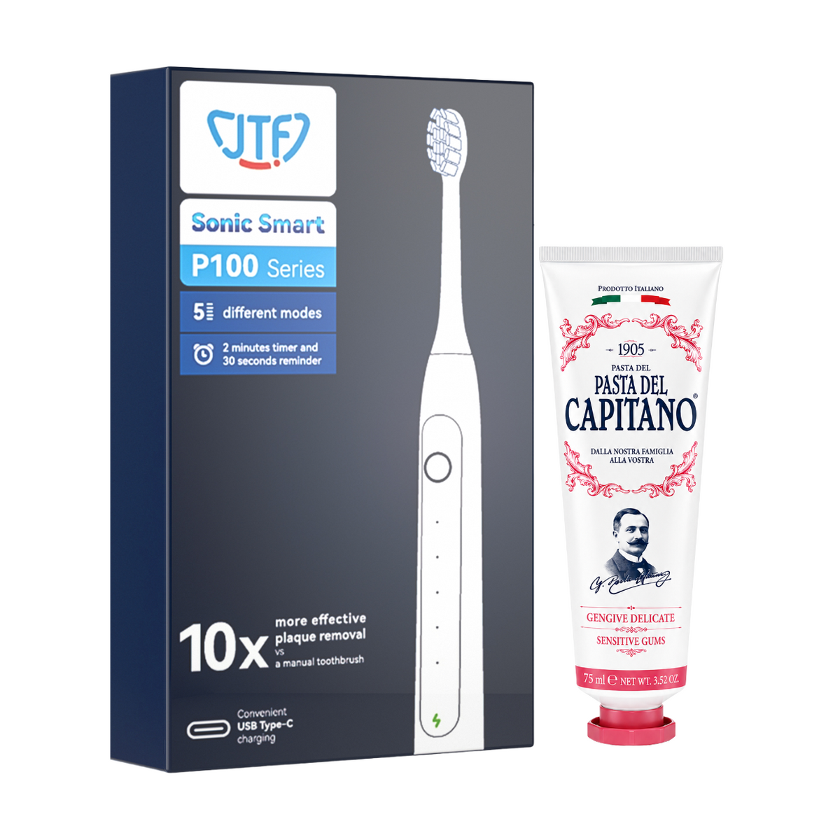 Periuta de dinti electrica JTF Sonic P100 Negru + Pasta de dinti pentru gingii sensibile 75ml Del Capitano 1905- Pachet Promo