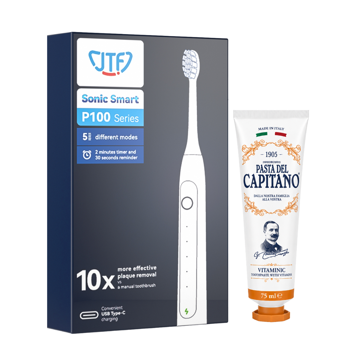 Periuta de dinti electrica JTF Sonic P100 Negru + Pasta de dinti cu vitamine 75ml Del Capitano 1905- Pachet Promo