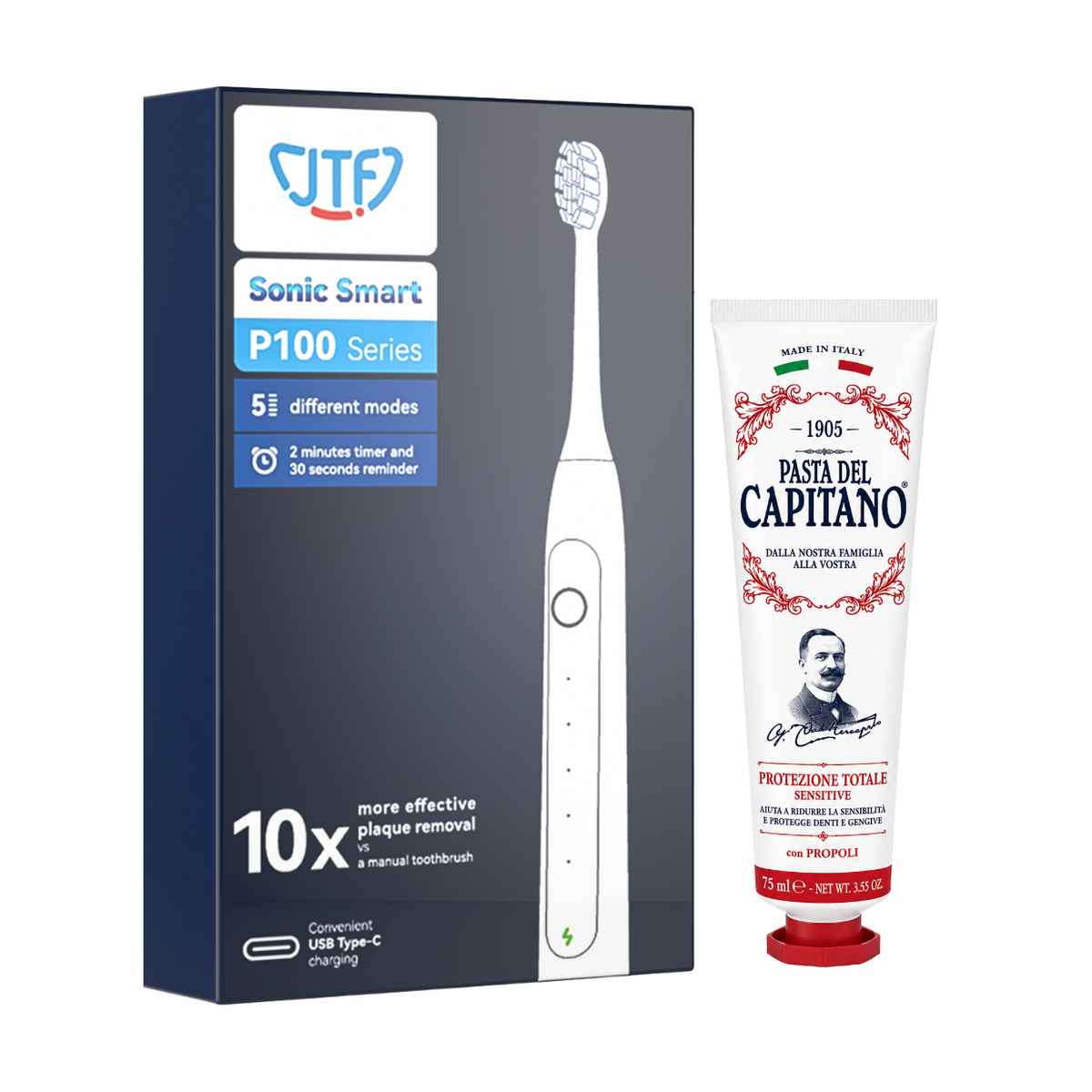 Periuta de dinti electrica JTF Sonic P100 Negru + Pasta de dinti Originala pentru protectie totala 75ml Del Capitano 1905- Pachet Promo
