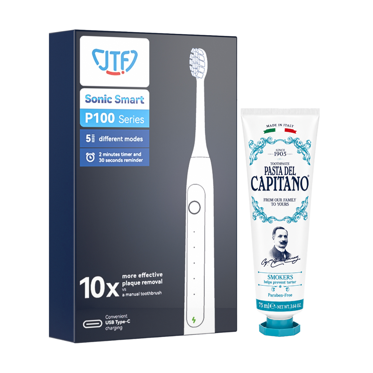 Periuta de dinti electrica JTF Sonic P100 Negru + Pasta de dinti pentru fumatori 75ml Del Capitano 1905- Pachet Promo