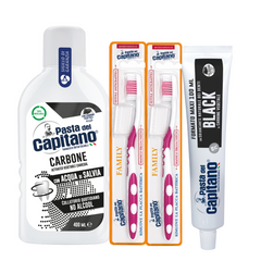 Pasta de dinti cu carbune activ Pasta del Capitano 100ml + apa de gura cu carbune activ + 2x periuta peri medii– Pachet Promo