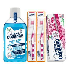 Pasta de dinti cu bicarbonat Pasta del Capitano + apa de gura + 2x periute peri medii– Pachet Promo
