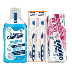 Pasta de dinti cu bicarbonat Pasta del Capitano + apa de gura + 2x periute peri moi– Pachet Promo