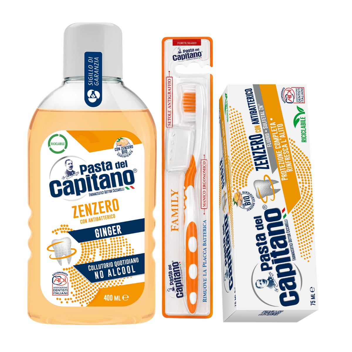 Pasta de dinti cu ghimbir Pasta del Capitano + apa de gura + periuta peri tari – Pachet Promo