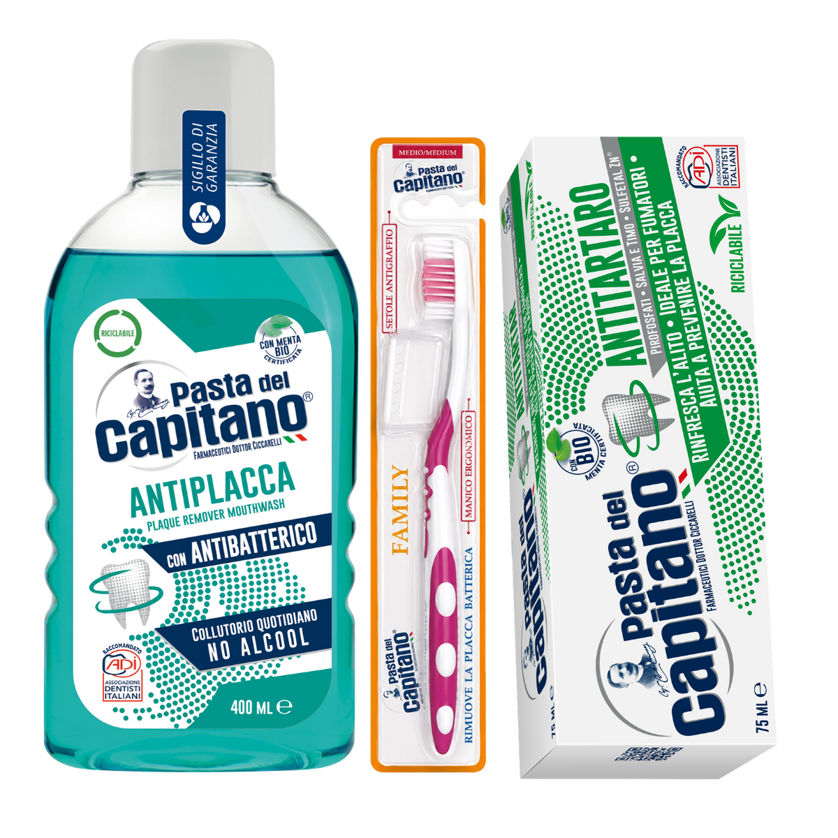 Pasta de dinti antitartru Pasta del Capitano + apa de gura antiplaca + periuta peri medii – Pachet Promo