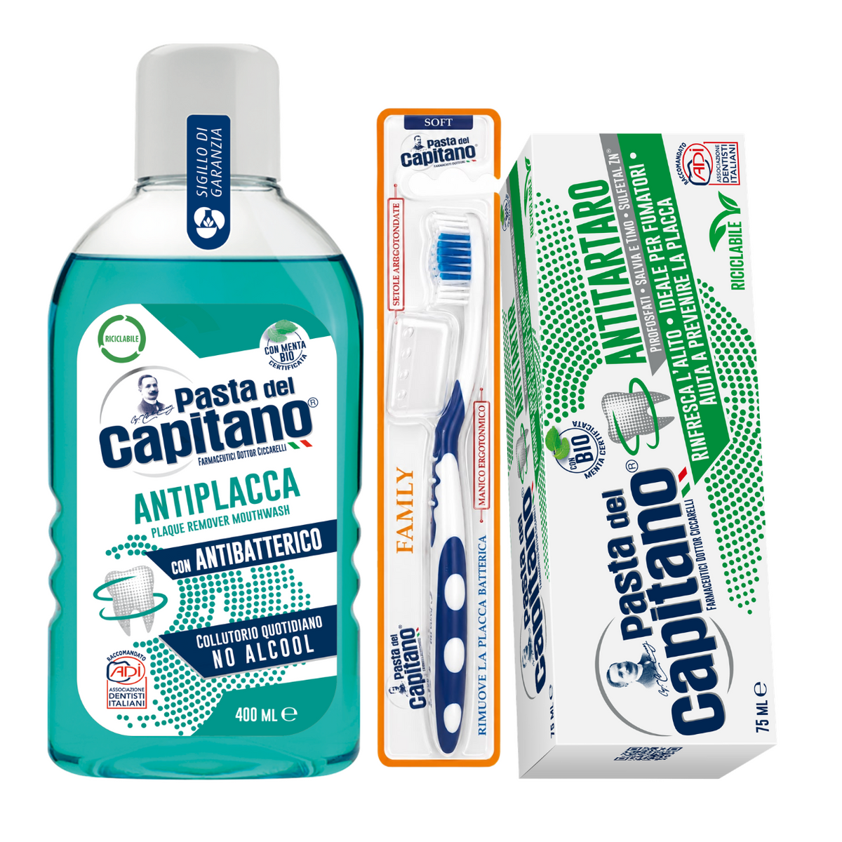 Pasta de dinti antitartru Pasta del Capitano + apa de gura antiplaca + periuta peri moi – Pachet Promo