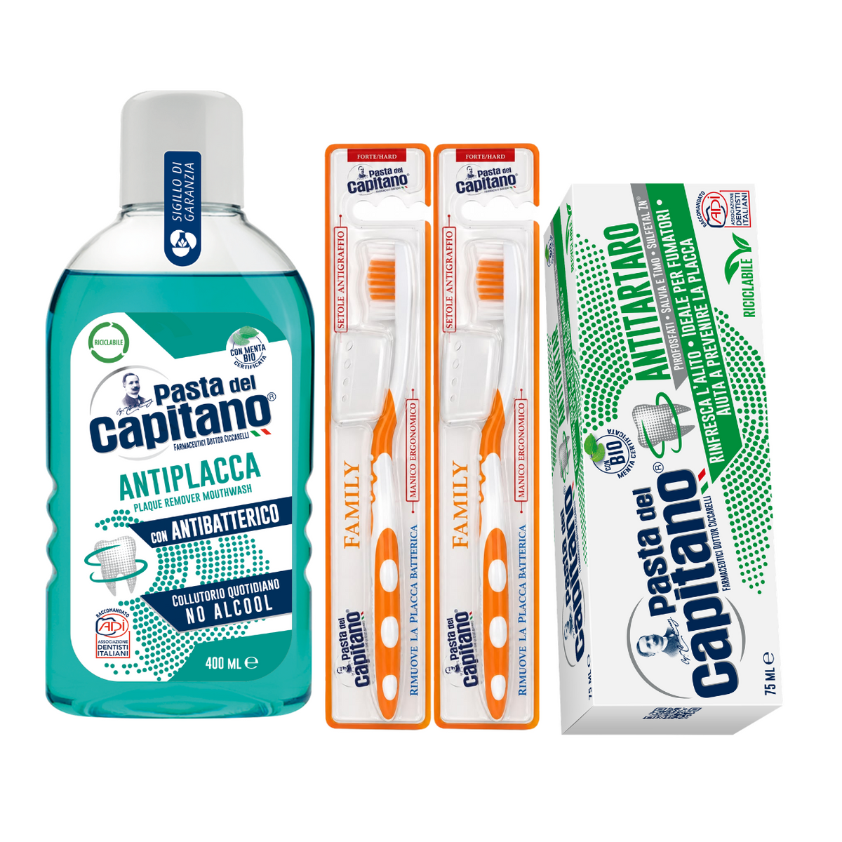 Pasta de dinti antitartru Pasta del Capitano + apa de gura antiplaca + 2x periuta peri tari – Pachet Promo