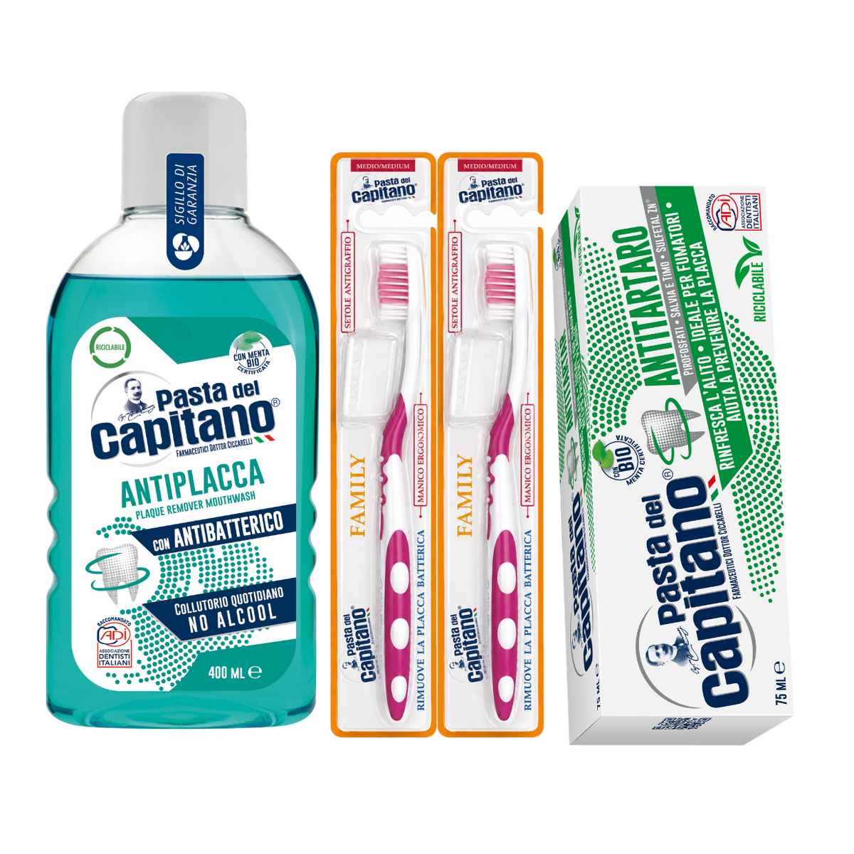 Pasta de dinti antitartru Pasta del Capitano + apa de gura antiplaca + 2x periute peri medii – Pachet Promo