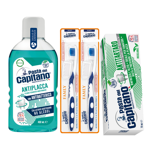 Pasta de dinti antitartru Pasta del Capitano + apa de gura antiplaca + 2x periute peri moi – Pachet Promo
