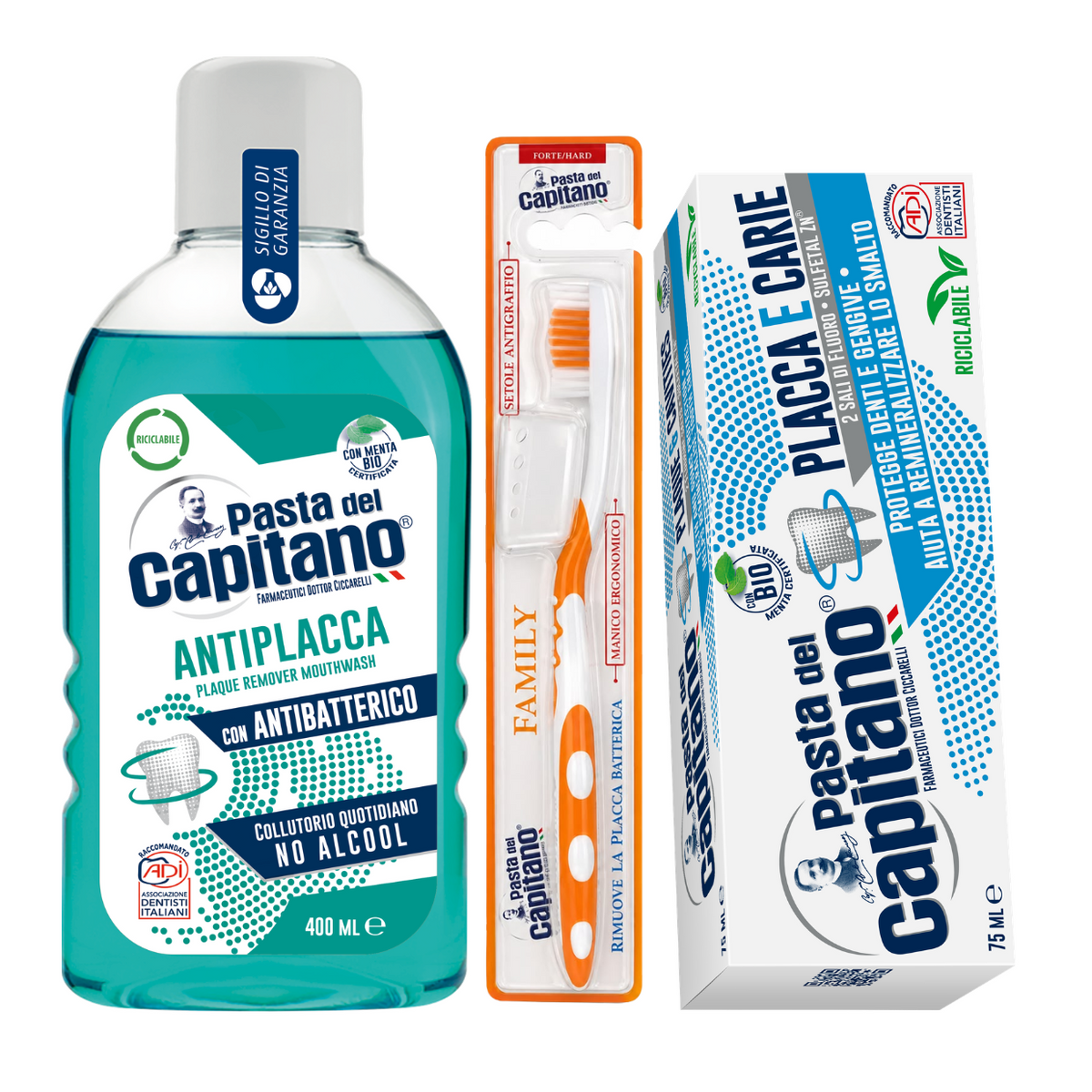 Pasta de dinti antiplaca si anticarii Pasta del Capitano + apa de gura antiplaca + periuta peri tari – Pachet Promo