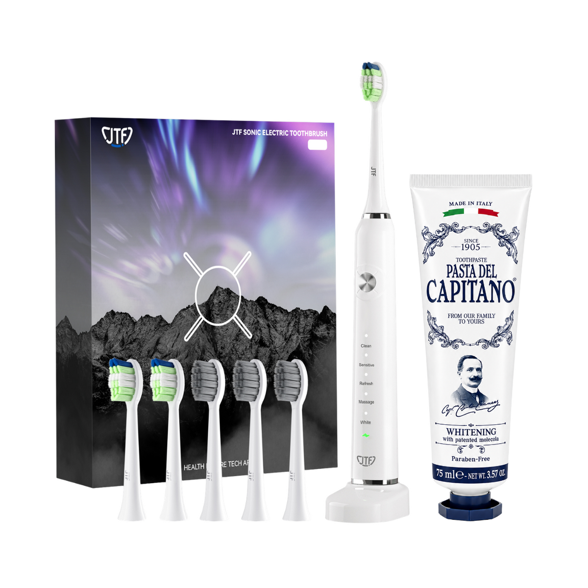 Periuta de dinti electrica JTF Sonic P200 ALB+ Pasta de dinti pentru albire 75ml Del Capitano 1905- Pachet Promo
