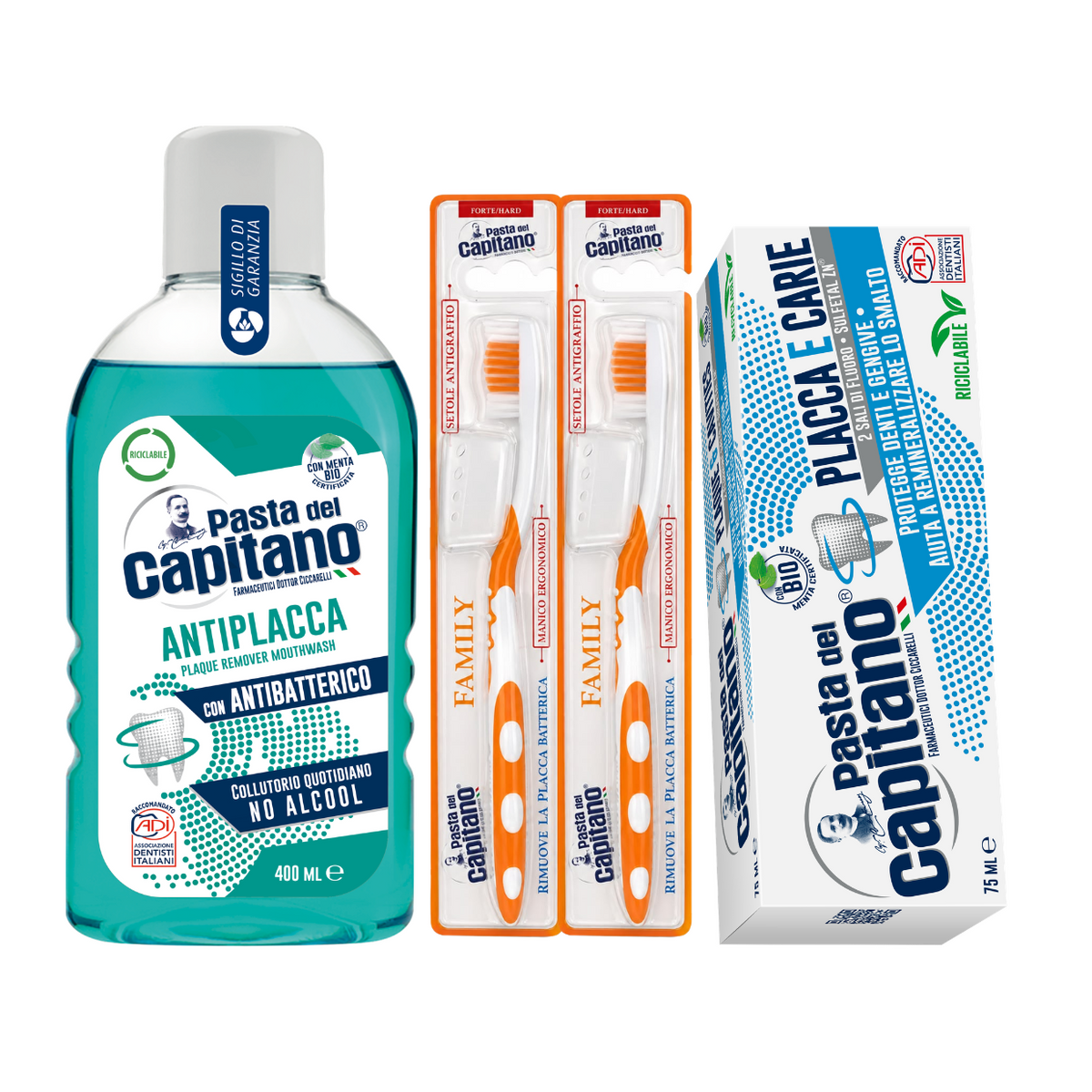 Pasta de dinti antiplaca si anticarii Pasta del Capitano + apa de gura antiplaca + 2x periuta peri tari – Pachet Promo