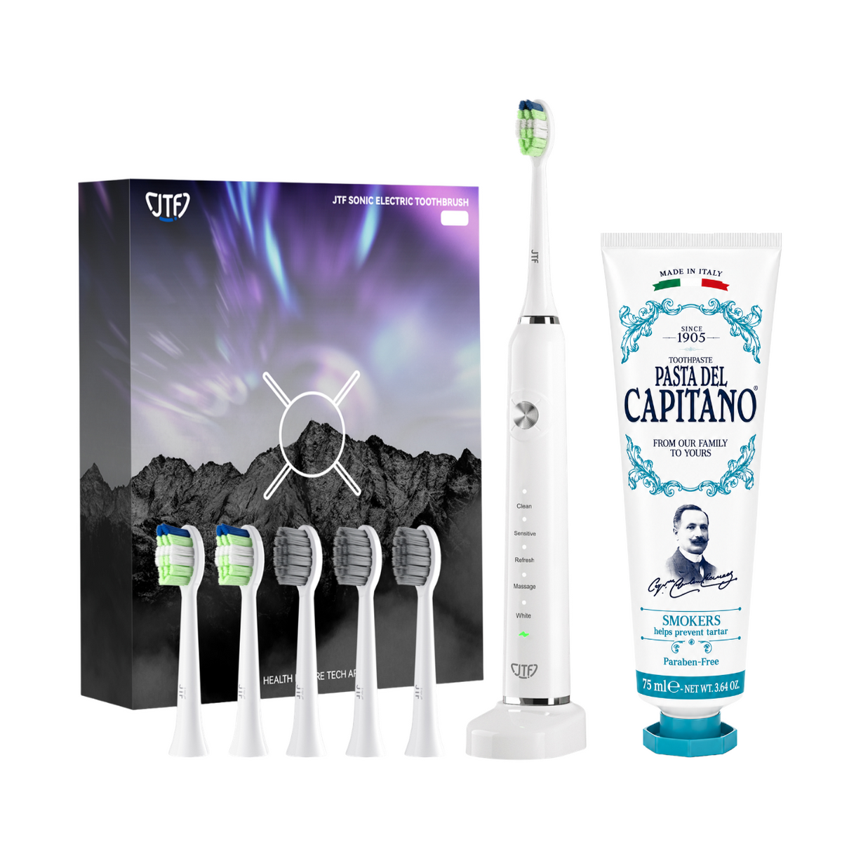 Periuta de dinti electrica JTF Sonic P200 ALB+ Pasta de dinti pentru fumatori 75ml Del Capitano 1905- Pachet Promo
