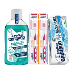 Pasta de dinti antiplaca si anticarii Pasta del Capitano + apa de gura antiplaca + 2x periuta peri medii– Pachet Promo