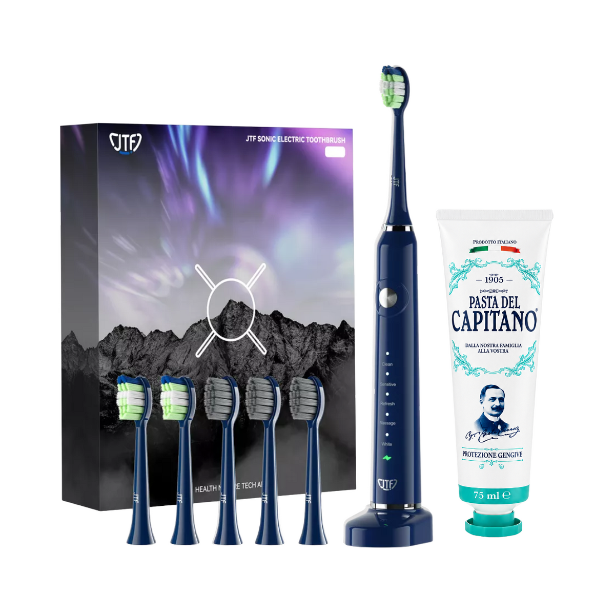 Periuta de dinti electrica JTF Sonic P200 ALBASTRU+ Pasta de dinti pentru protectia gingiilor 75ml Del Capitano 1905- Pachet Promo