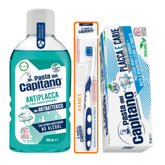 Pasta de dinti antiplaca si anticarii Pasta del Capitano + apa de gura antiplaca + periuta peri moi – Pachet Promo