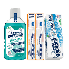 Pasta de dinti antiplaca si anticarii Pasta del Capitano + apa de gura antiplaca + 2x periuta peri moi – Pachet Promo