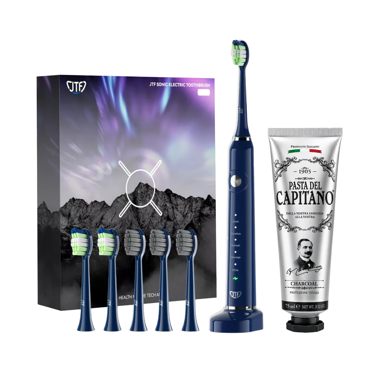 Periuta de dinti electrica JTF Sonic P200 ALBASTRU+ Pasta de dinti cu carbune activ 75ml Del Capitano 1905- Pachet Promo