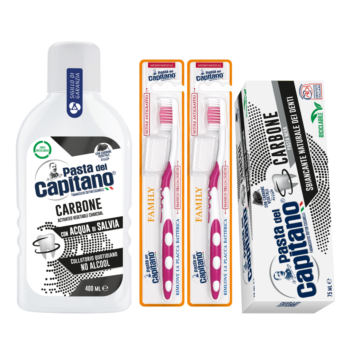 Pasta de dinti cu carbune activ Pasta del Capitano + apa de gura cu carbune activ + 2x periuta peri medii– Pachet Promo