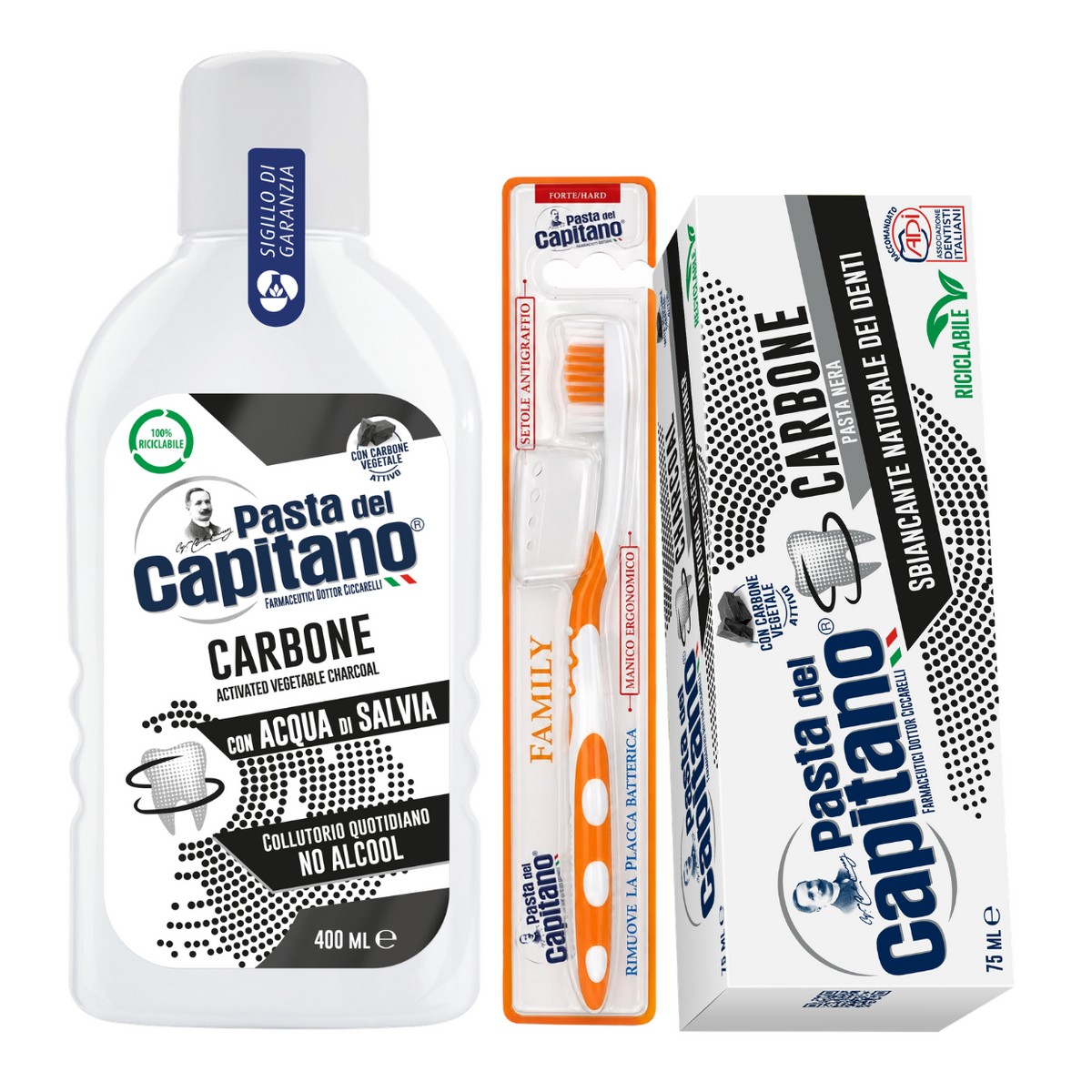Pasta de dinti cu carbune activ Pasta del Capitano + apa de gura cu carbune activ + periuta peri tari– Pachet Promo