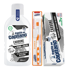 Pasta de dinti cu carbune activ Pasta del Capitano + apa de gura cu carbune activ + periuta peri tari– Pachet Promo