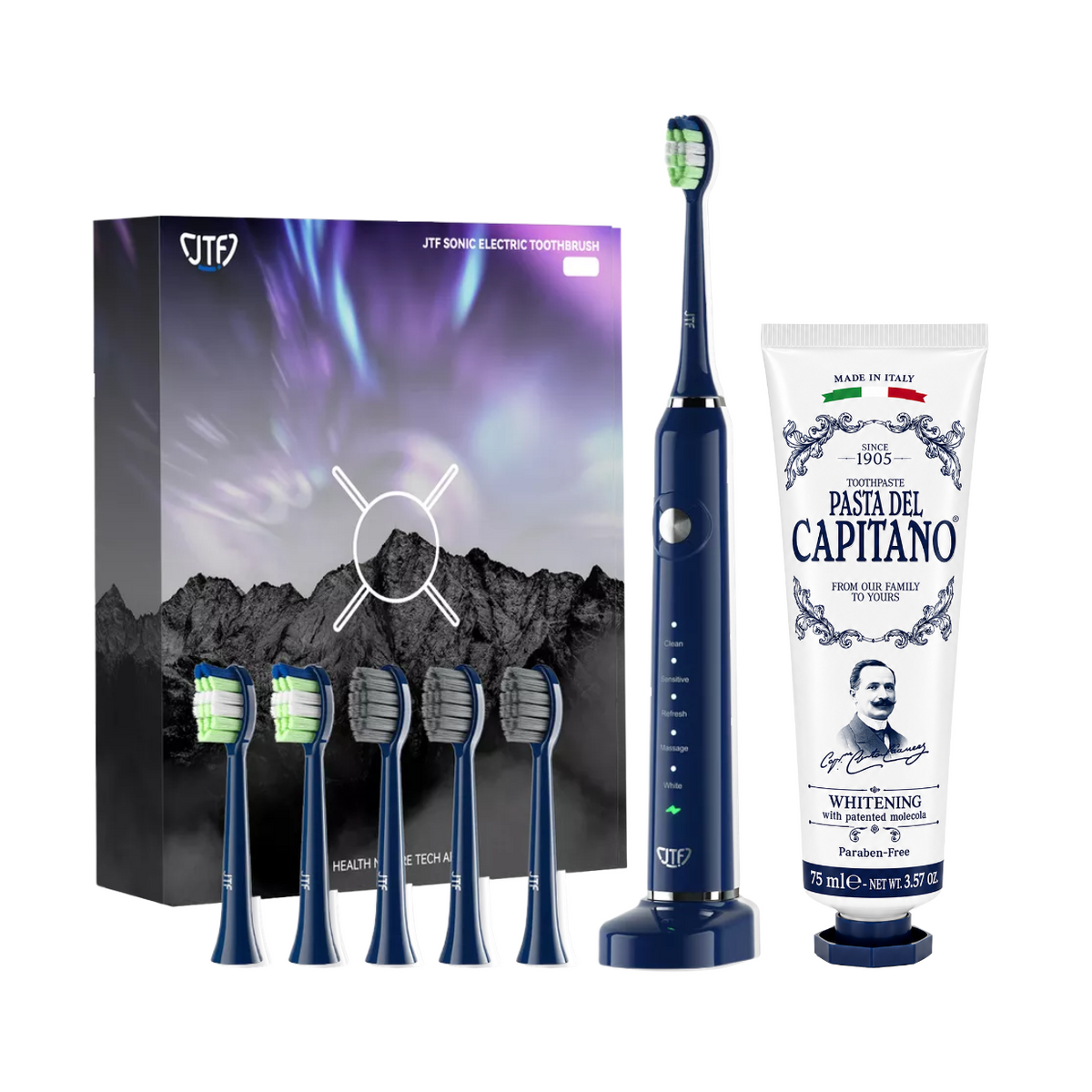 Periuta de dinti electrica JTF Sonic P200 ALBASTRU+ Pasta de dinti pentru albire 75ml Del Capitano 1905- Pachet Promo