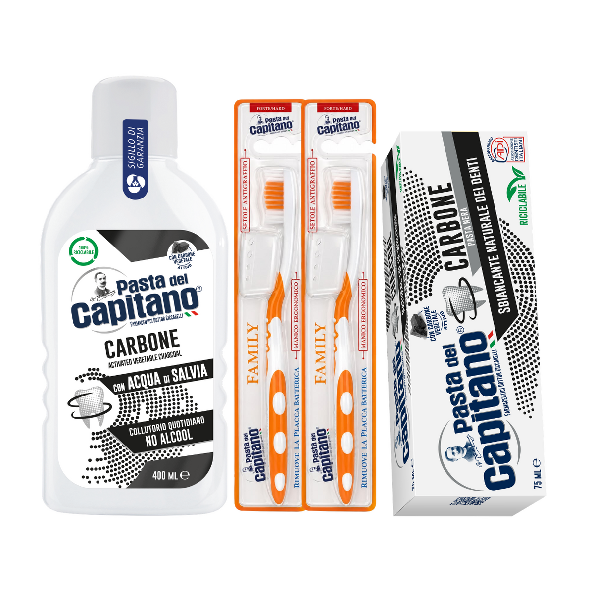 Pasta de dinti cu carbune activ Pasta del Capitano + apa de gura cu carbune activ + 2x periuta peri tari– Pachet Promo
