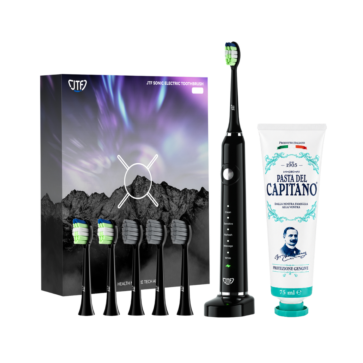 Periuta de dinti electrica JTF Sonic P200 NEGRU+ Pasta de dinti pentru protectia gingiilor 75ml Del Capitano 1905- Pachet Promo