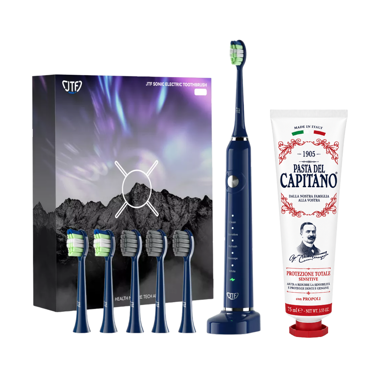 Periuta de dinti electrica JTF Sonic P200 ALBASTRU+ Pasta de dinti Originala pentru protectie totala 75ml Del Capitano 1905- Pachet Promo