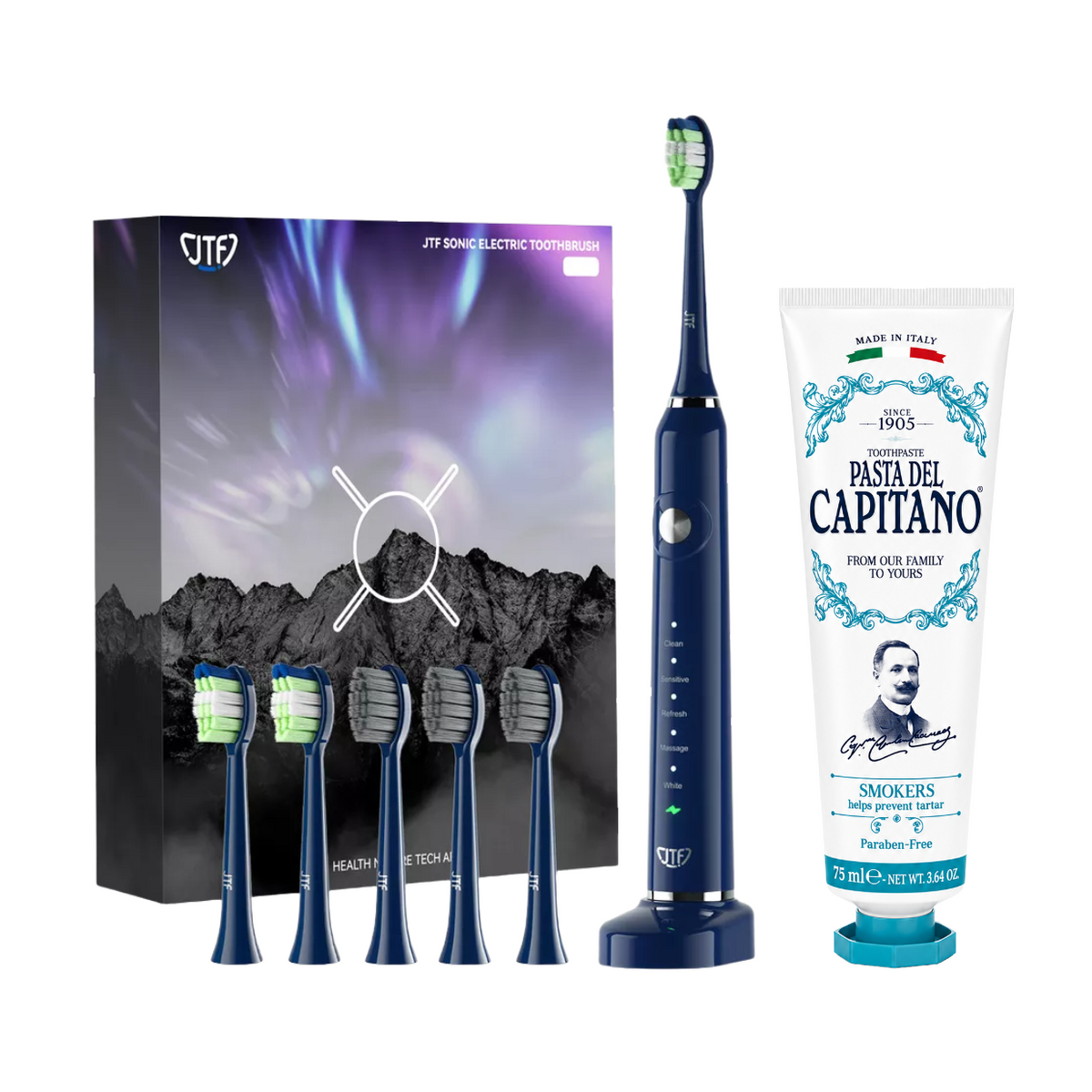 Periuta de dinti electrica JTF Sonic P200 ALBASTRU+ Pasta de dinti pentru fumatori 75ml Del Capitano 1905- Pachet Promo