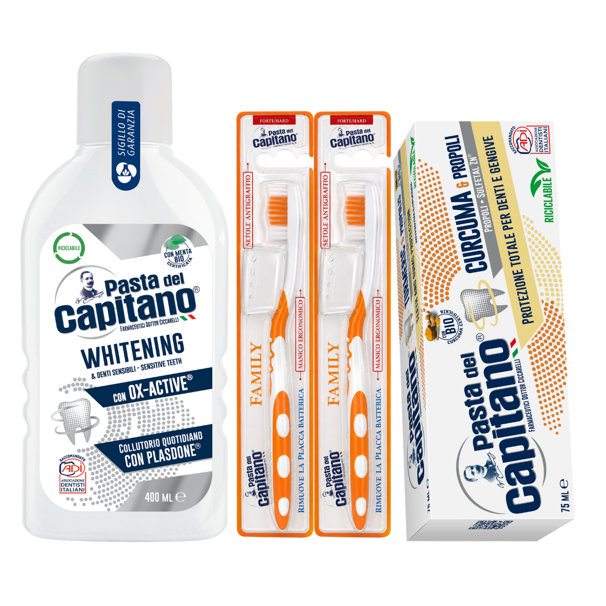 Pasta de dinti curcuma si propolis Pasta del Capitano + apa de gura pentru albire + 2x periuta peri tari– Pachet Promo