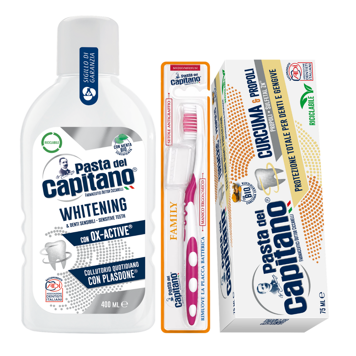 Pasta de dinti curcuma si propolis Pasta del Capitano + apa de gura pentru albire + periuta peri medii – Pachet Promo