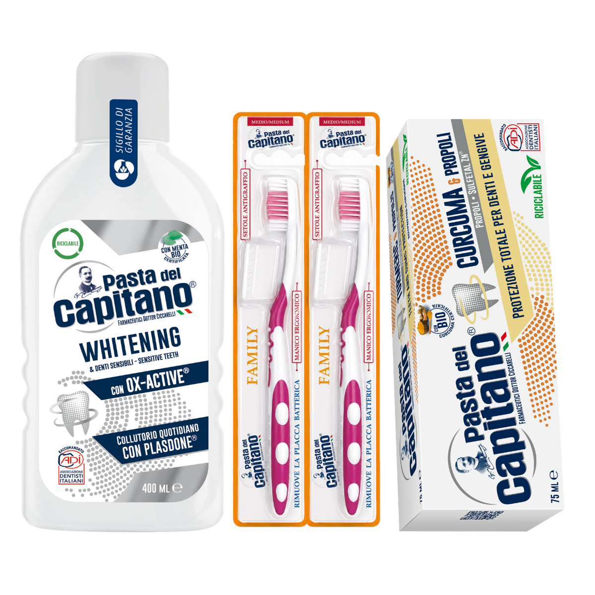 Pasta de dinti curcuma si propolis Pasta del Capitano + apa de gura pentru albire + 2x periuta peri medii – Pachet Promo