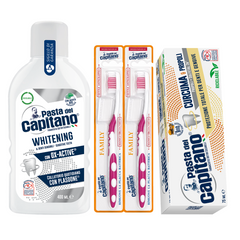 Pasta de dinti curcuma si propolis Pasta del Capitano + apa de gura pentru albire + 2x periuta peri medii – Pachet Promo