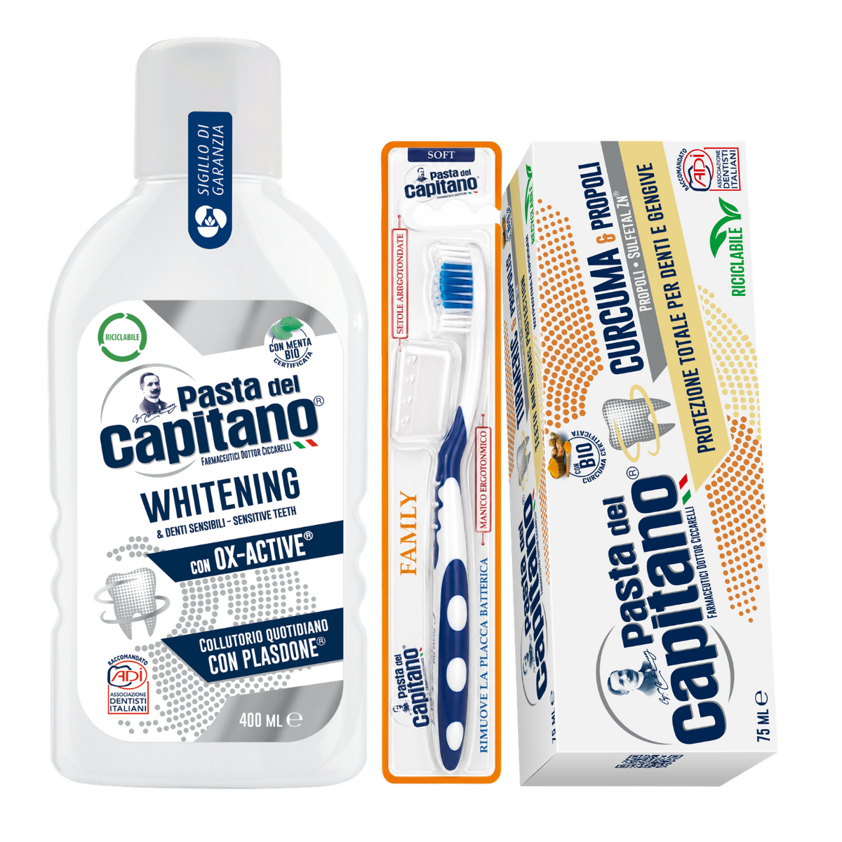 Pasta de dinti curcuma si propolis Pasta del Capitano + apa de gura pentru albire + periuta peri moi– Pachet Promo