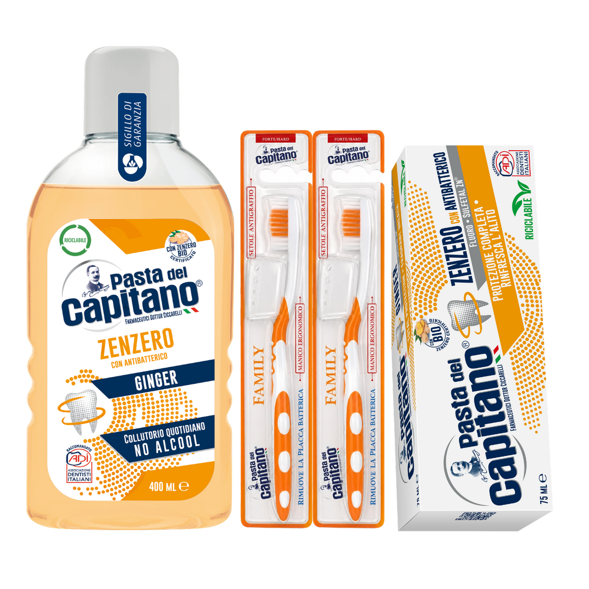 Pasta de dinti cu ghimbir Pasta del Capitano + apa de gura + 2x periute peri tari – Pachet Promo