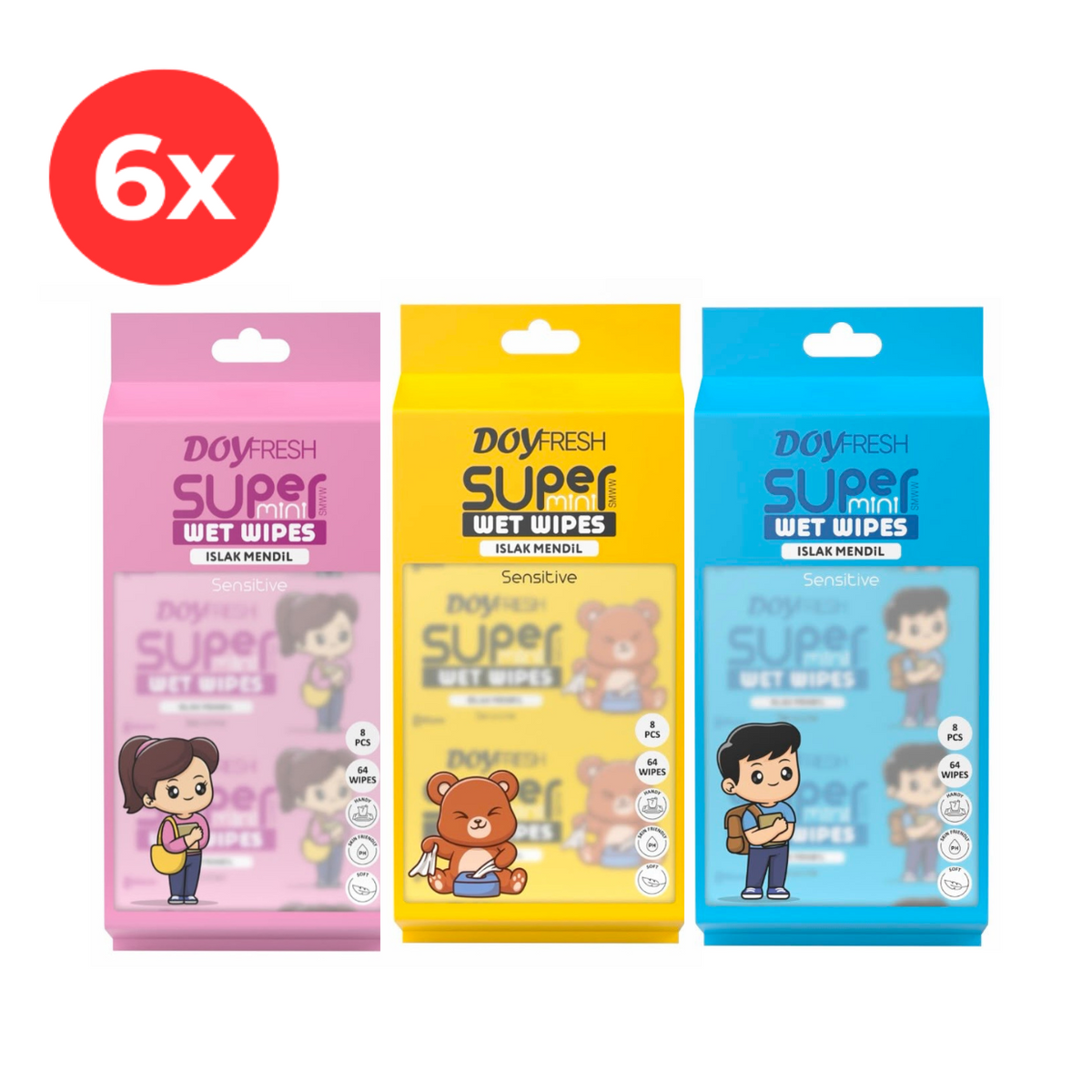 6x MINI Servetele umede buzunar DOYFRESH MIX (2xPINK+ 2xYELLOW + 2xBLUE) 8x8buc