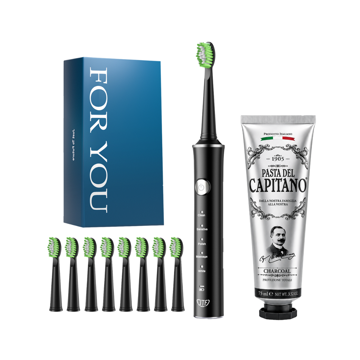 Periuta de dinti electrica JTF Sonic J40 NEGRU + Pasta de dinti cu carbune activ 75ml Del Capitano 1905- Pachet Promo