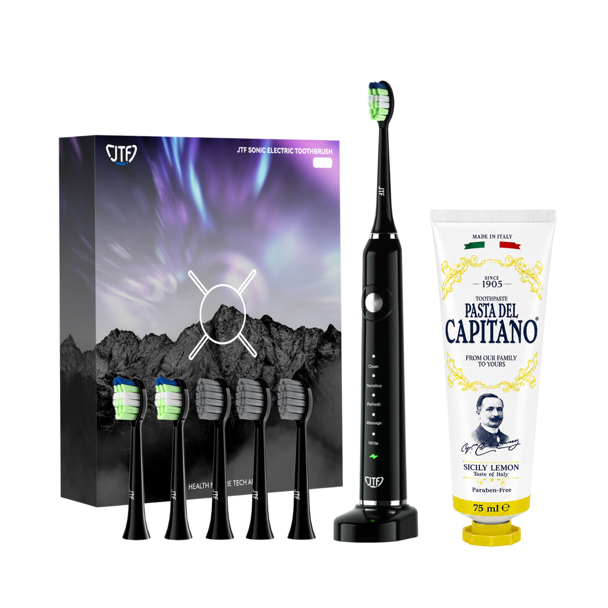 Periuta de dinti electrica JTF Sonic P200 NEGRU+ Pasta de dinti cu lamaie de Sicilia 75ml Del Capitano 1905- Pachet Promo