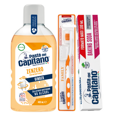 Pasta de dinti cu bicarbonat Pasta del Capitano 100ml + apa de gura cu ghimbir + periuta peri tari – Pachet Promo
