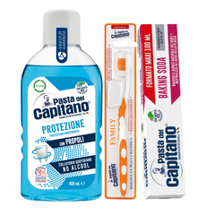 Pasta de dinti cu bicarbonat Pasta del Capitano 100ml + apa de gura pentru protectie + periuta peri tari – Pachet Promo