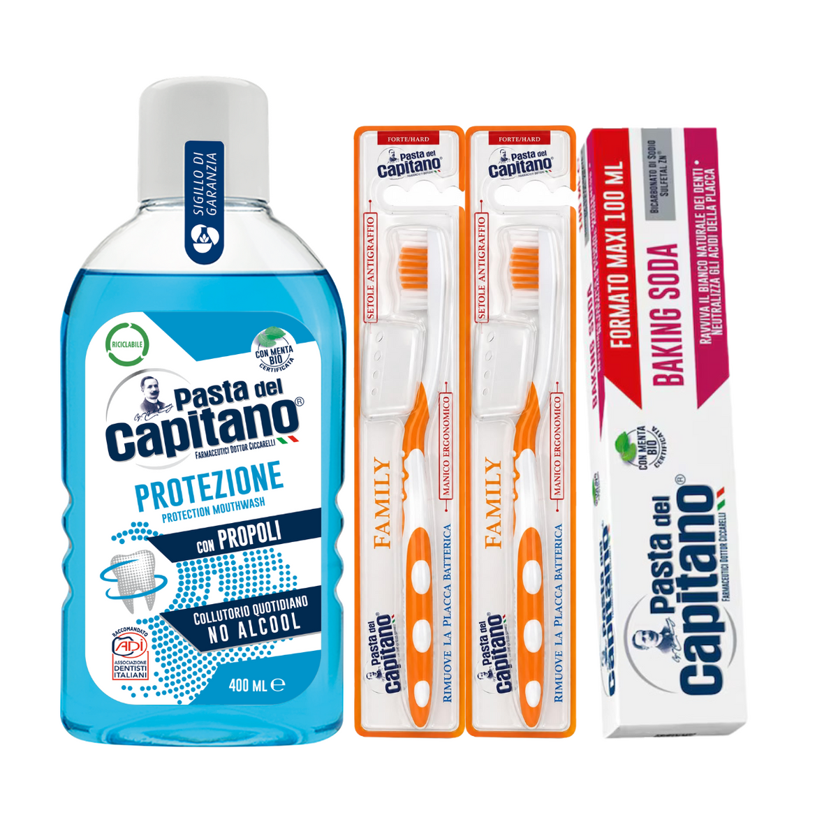 Pasta de dinti cu bicarbonat Pasta del Capitano 100ml + apa de gura pentru protectie + 2x periuta peri tari – Pachet Promo