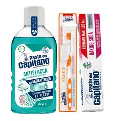 Pasta de dinti cu bicarbonat Pasta del Capitano 100ml + apa de gura antiplaca + periuta peri tari – Pachet Promo