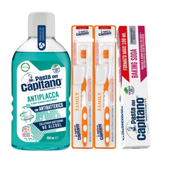 Pasta de dinti cu bicarbonat Pasta del Capitano 100ml + apa de gura antiplaca + 2x periuta peri tari – Pachet Promo