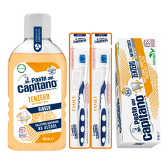 Pasta de dinti cu ghimbir Pasta del Capitano + apa de gura + 2x periute cu peri moi– Pachet Promo