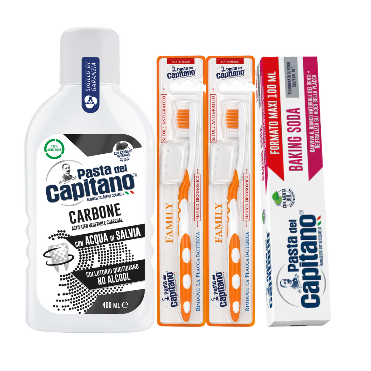 Pasta de dinti cu bicarbonat Pasta del Capitano 100ml + apa de gura cu carbune activ + 2x periuta peri tari – Pachet Promo