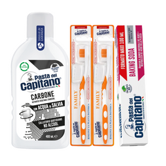 Pasta de dinti cu bicarbonat Pasta del Capitano 100ml + apa de gura cu carbune activ + 2x periuta peri tari – Pachet Promo
